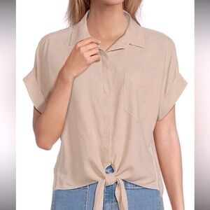 Cloth & Stone tensel hidden Button Front Short Sleeve Blouse Tie Front Pink